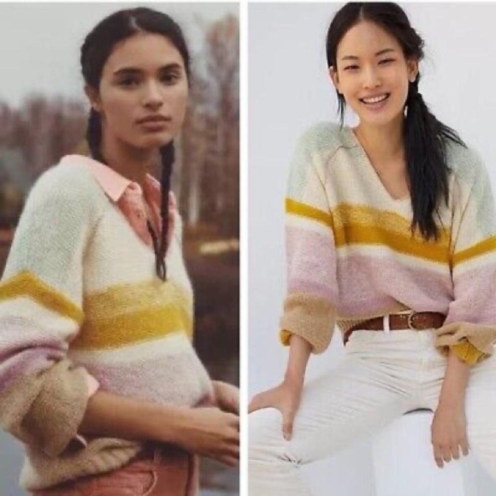 Anthropologie Theia V-Neck Sweater Womens Top Beige Multi XS Striped Chunky